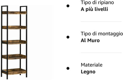 Libreria Stile Industriale a 5 Ripiani, Mobile Libreria in Legno E Metallo per Casa E Ufficio, 48X30X155Cm, Marrone Rustico