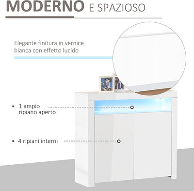 Mobiletto Salvaspazio Multiuso per Ingresso, Salotto O Bagno in Legno Bianco, Con Luci LED Colorate, 107X35X97Cm