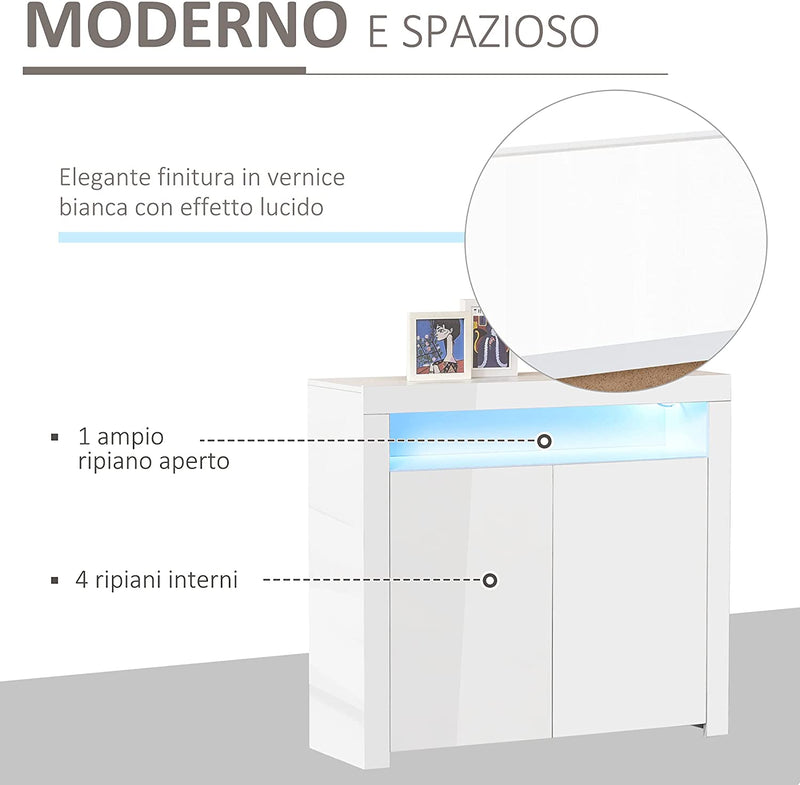 Mobiletto Salvaspazio Multiuso per Ingresso, Salotto O Bagno in Legno Bianco, Con Luci LED Colorate, 107X35X97Cm