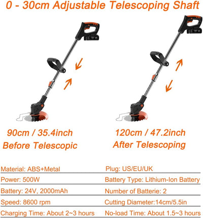 Tagliaerba Elettrico a Batteria Da 24 V, Con 2 Batterie E Caricabatterie, Batteria Da 90 a 120 Cm, Asta Telescopica E Batteria per Decespugliatore Girevole a 90°, per Giardino, Prato, Cespuglio