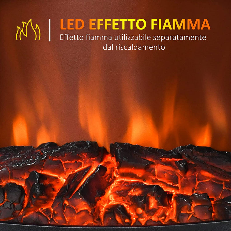 Camino Elettrico Effetto Fiamma E 3 Lati Aperti, Temperatura Regolabile 900W-1800W, Copertura 20-25M², 39X26X54.8Cm, Nero