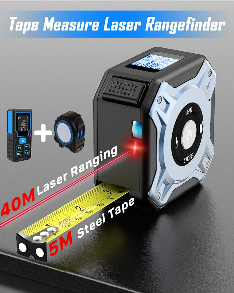 Metro Di Nastro Laser, Metro Laser, 40M Misuratore Laser & 5M Metro a Nastro, Display Digitale per Lunghezza/Area/Volume/Misura Continua, USB Ricaricabile, Portatile Misuratori Di Distanza Laser