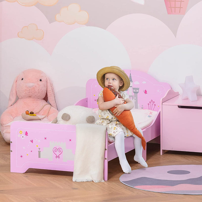 Letto per Bambini Con Bordi Rialzati in Legno per Cameretta, Lettino per Bimbi Da 3-6 Anni, 143X73X60Cm, Rosa