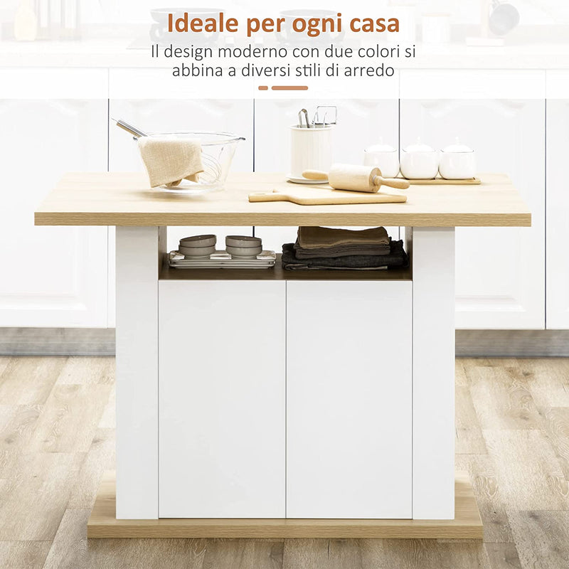 Tavolo Da Cucina per 4-6 Persone, Tavolo Da Pranzo Con Armadietti 2 Ante E Mensole, 110X70X75.5Cm, Bianco E Legno