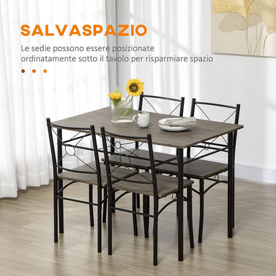 Tavolo Da Pranzo Con 4 Sedie, Set 5 Pezzi in MDF E Metallo per Sala Da Pranzo, Cucina, Bar E Soggiorno, Marrone E Nero