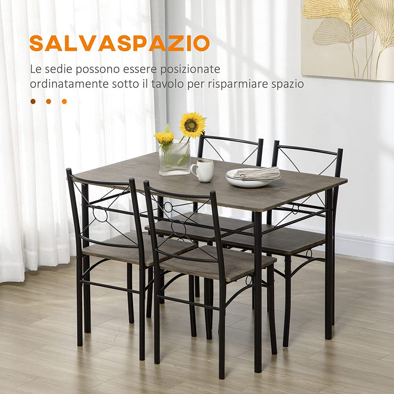 Tavolo Da Pranzo Con 4 Sedie, Set 5 Pezzi in MDF E Metallo per Sala Da Pranzo, Cucina, Bar E Soggiorno, Marrone E Nero