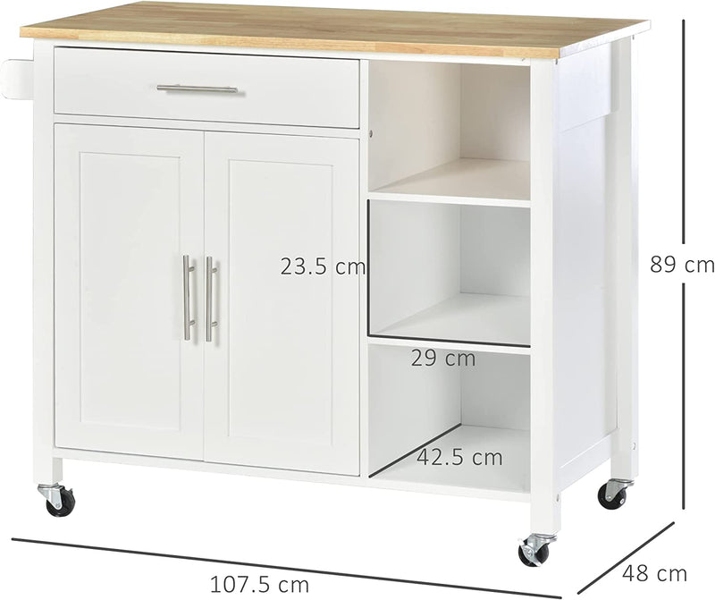 Carrello Con Ruote Salvaspazio, Penisola Cucina in Legno Massiccio: 1 Cassetto, 1 Armadietto, 3 Ripiani E 4 Ruote, 107.5X48X89 Cm