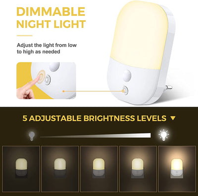 Luce Notturna Bambini, [2 Pezzi] Luce Notturna LED 5 Livelli Luminosità Con Sensore Crepuscolare, Luci Notturne Da Presa per Camera Dei Bambini, Bagno, Corridoio, Cucina, Scale, Bianca Calda