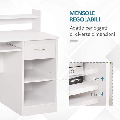 Scrivania Compatta per Computer Fisso PC in Legno Bianco Con Ripiano Tastiera Estraibile E Mensole 104X48X95.5Cm