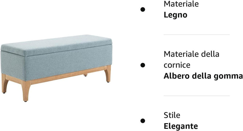 Panca Imbottita Contenitore in Tessuto Effetto Lino E Legno per Ingresso, Panca Fondo Letto Design Scandinavo, 110X39X45Acm, Azzurro