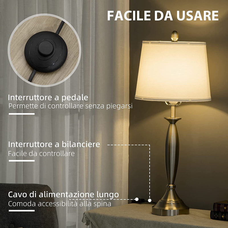 Set Con 1 Lampada Da Terra E 2 Lampada Da Tavolo in Acciaio E Tessuto per Illuminazione Interni Casa E Ufficio, Bianco E Argento