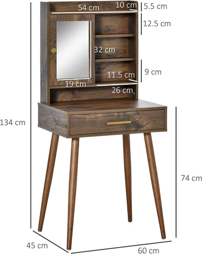 Tavolo Da Trucco Con Specchio in Legno, Cassetto E 4 Ripiani Salvaspazio, 60X45X134Cm, Color Noce