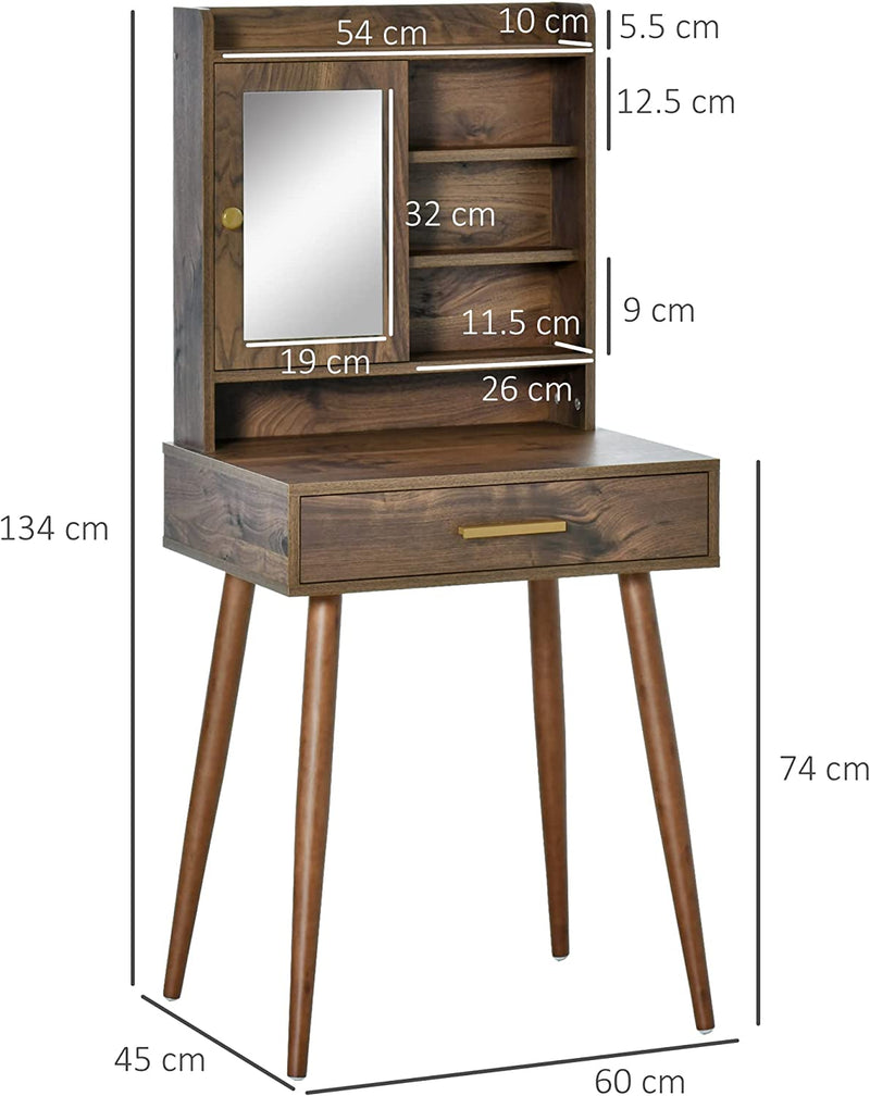 Tavolo Da Trucco Con Specchio in Legno, Cassetto E 4 Ripiani Salvaspazio, 60X45X134Cm, Color Noce