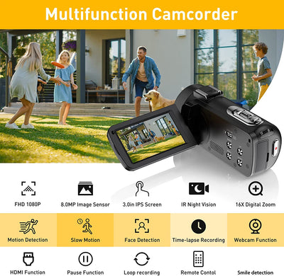 Videocamera Digitale FHD 1080P Camcorder 30FPS Vlogging Camera per Youtube 16X Zoom Digitale E IR Visione Notturna 3.0" IPS Schermo Videocamera Camcorder Con 2 Batterie E Telecomando