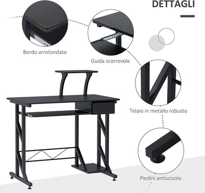 Scrivania per Computer Salvaspazio in Acciaio E Legno, Scrivania Da Ufficio Con Cassetto, Ripiano Tastiera Estraibile 90 X 50 X 95Cm