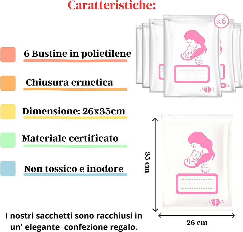 6 Bustine Corredino Neonato Ospedale - Sacchetti Cambio Neonato Ospedale per Borsa Ospedale Parto- Idea Regalo per Future Mamme - Made in Italy