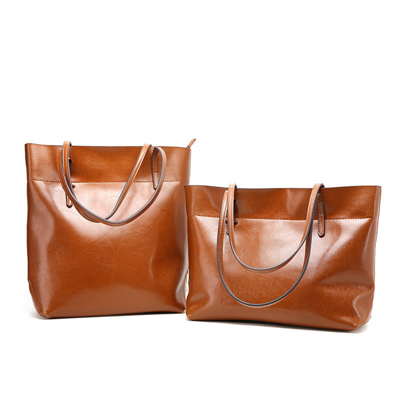 New Handbag Leather Casual Wax Cowhide Handbag Bag Lady Bag Factory Wholesale Horizontal