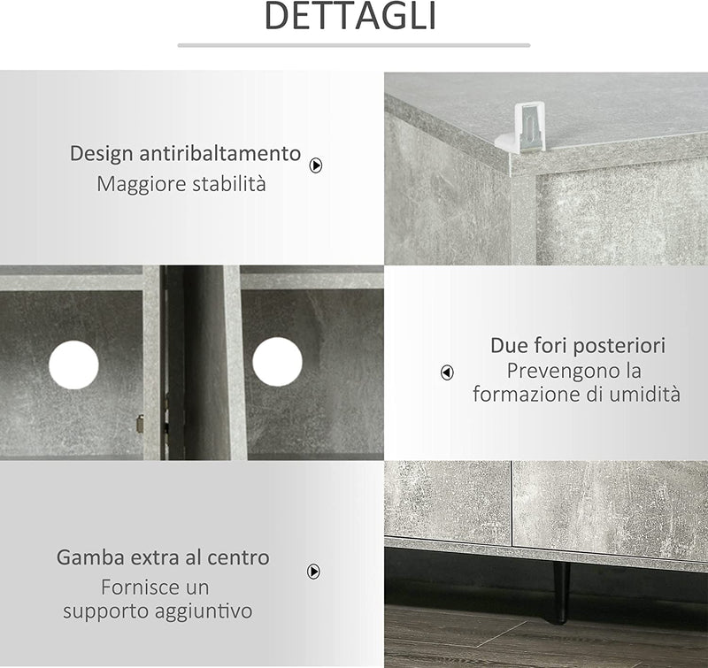 Credenza Moderna Con Armadietti a 2 Ante E Mensole Regolabili, Madia per Cucina E Salotto Effetto Marmo 147X40X83Cm, Grigio