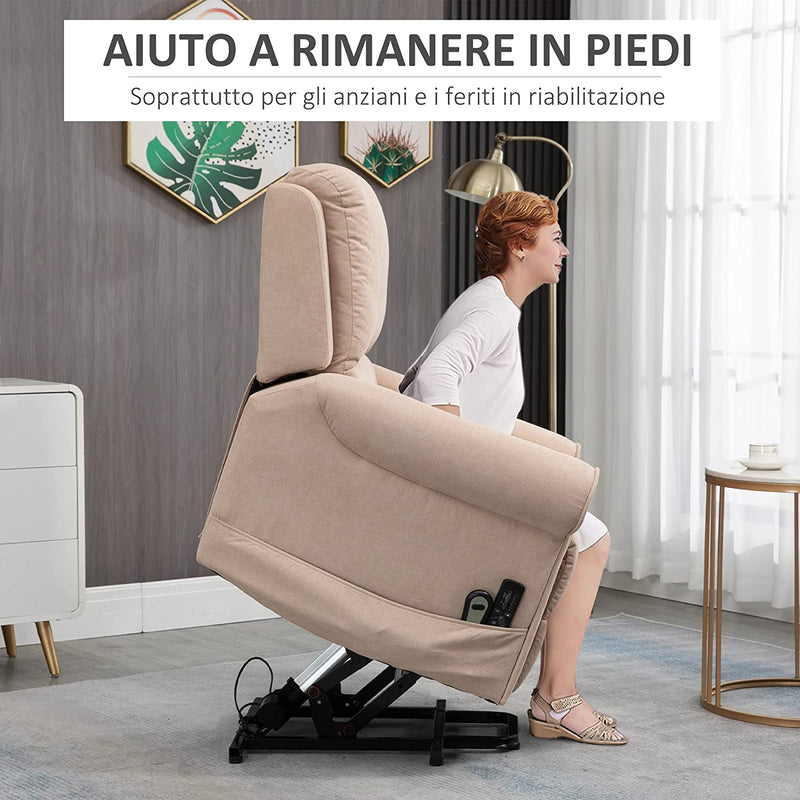 Poltrona Alzapersona Reclinabile Fino a 135° Con Telecomando, Poggiapiedi E Seduta Imbottita, 88X92X106 Cm, Marrone