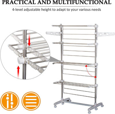 Stendino Verticale Stendibiancheria Pieghevole Con 6 Ruote E 4 Ripiani Regolabili
