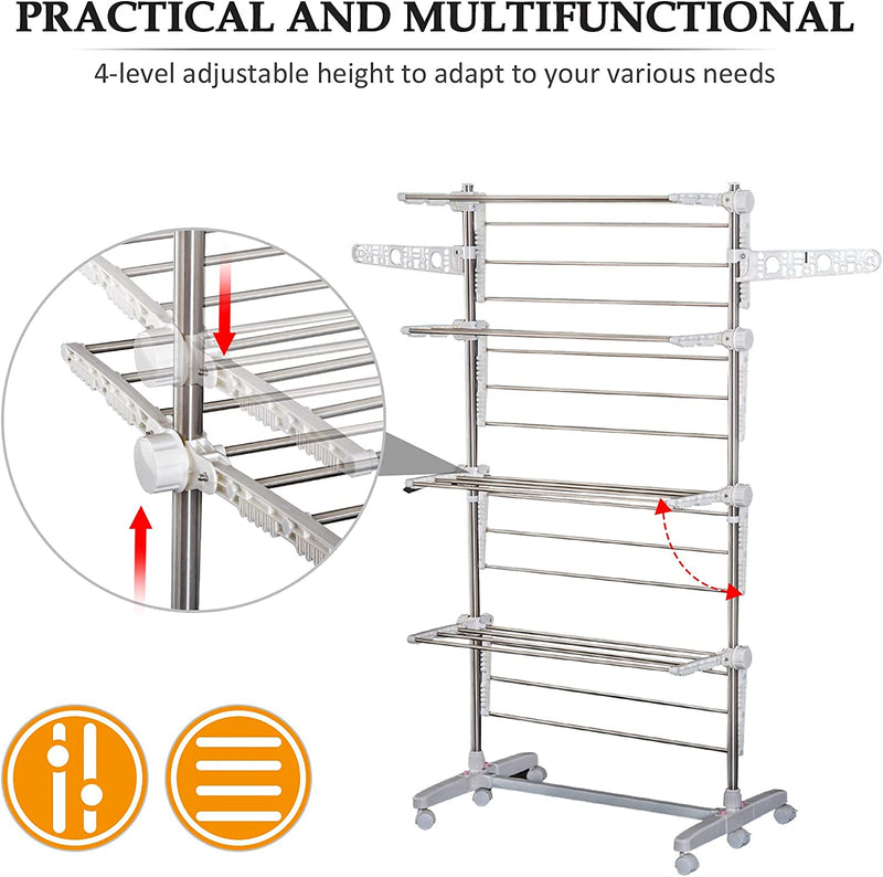 Stendino Verticale Stendibiancheria Pieghevole Con 6 Ruote E 4 Ripiani Regolabili