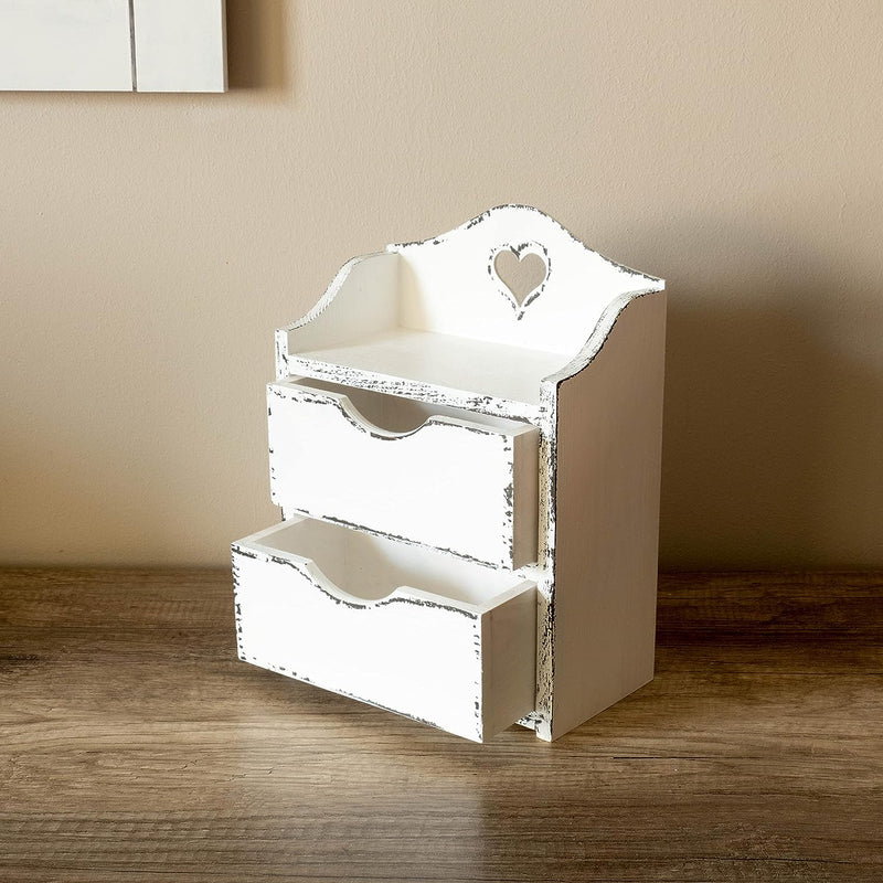 Mini Cassettiera in Legno Con Due Cassetti E Cuore – Bianco Shabby Chic Organizzatore in Legno Organizzatore Da Scrivania – Portagioie