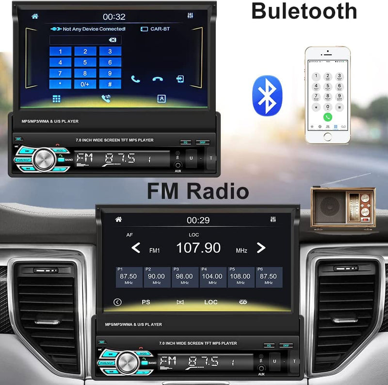 1 Din Autoradio Carplay Android Auto Stereo Con 7 Pollici Manuale Flip Out Schermo, Radio Bluetooth Auto Con FM TF AUX USB Mirror Link per Android/Ios & Retromarcia