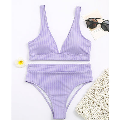 European and American Swimwear Women'S Ribbed High-Waisted V-Neck Striped Sports Solid Color Bikini Suit