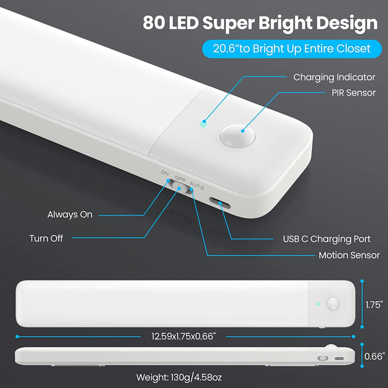 Luce Armadio LED, 【80Led-Super Luminoso】 Luci Notturna Con Sensore Di Movimento, USB C Ricaricabile Lampada Armadio, 32CM Pollice Luce Magnetica,3 Modalità, per Corridoio Garage Cucine-2Pezzi