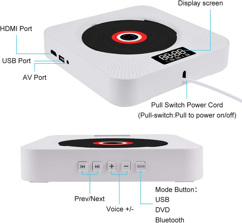 Lettore DVD Bluetooth Lettore CD Parete Bambini MP3 Lettore DVD/CD Radio Con Display a LED, Funzione Timing, Telecomando, HDMI, Presa Di Alimentazione USB, Jack per Cuffie Da 3,5 Mm, Bianco