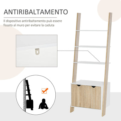 Mobile Libreria a Scala Con 3 Mensole E Armadietto, Scaffale Moderno Stile Nordico in Legno, 60X40X171Cm, Rovere E Bianco