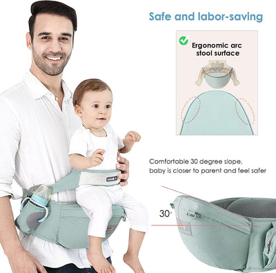 Hipseat Marsupio,Ergonomico Neonati Marsupio Supporto Del Sedile Portantina Bebè Seggiolino Puro Cotone Con Cintura Di Sicurezza & Tracolla Singola Multi Posizioni per Bambino(Verde)