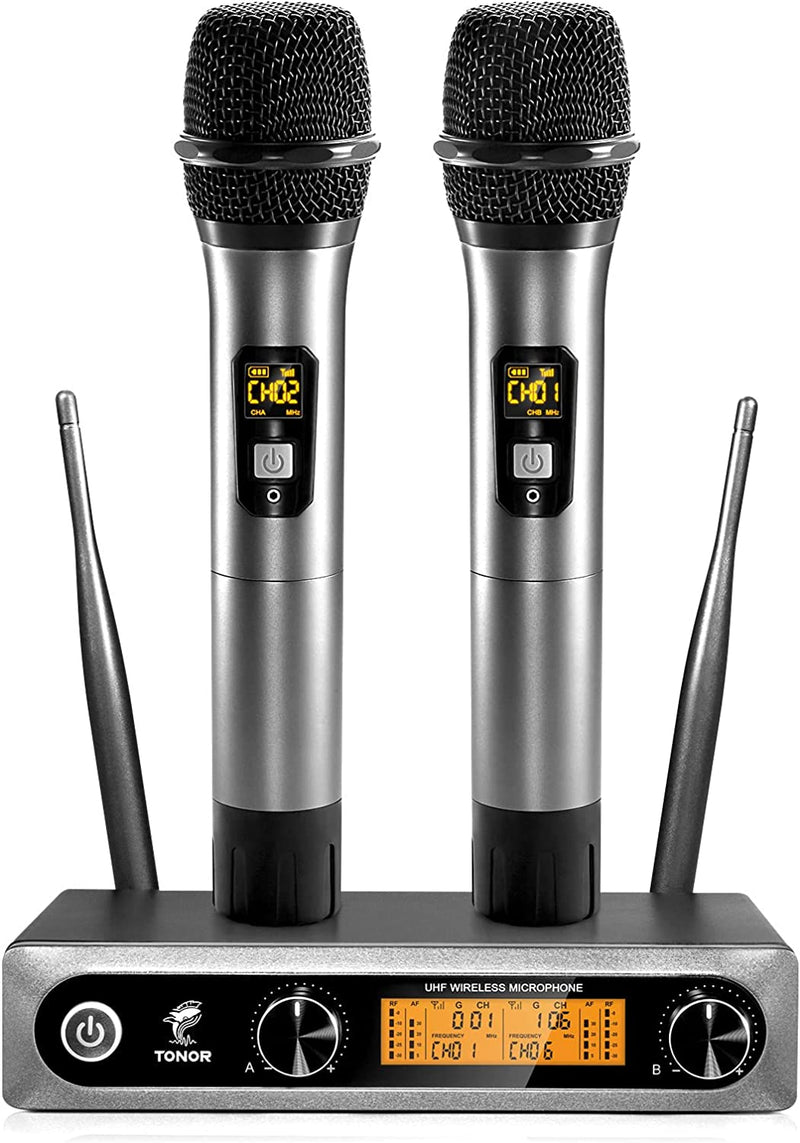 Microfono Wireless UHF Professionale Dinamico Doppio Microfono Senza Fili, Sistema Di Microfono a Mano, Set per Karaoke, Feste, DJ, Chiesa, Matrimonio, Riunione, Lezione, 60 Metri