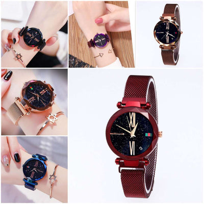 Luxury Women Watches Mesh Ladies Clock Magnet Buckle Starry Diamond Geometric Surface Quartz Wristwatch