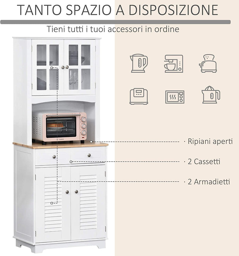 Credenza Alta per Cucina, Mobile Buffet in Legno Bianco, Armadio Dispensa in Stile Classico, Bianco, 68X39.5X170Cm