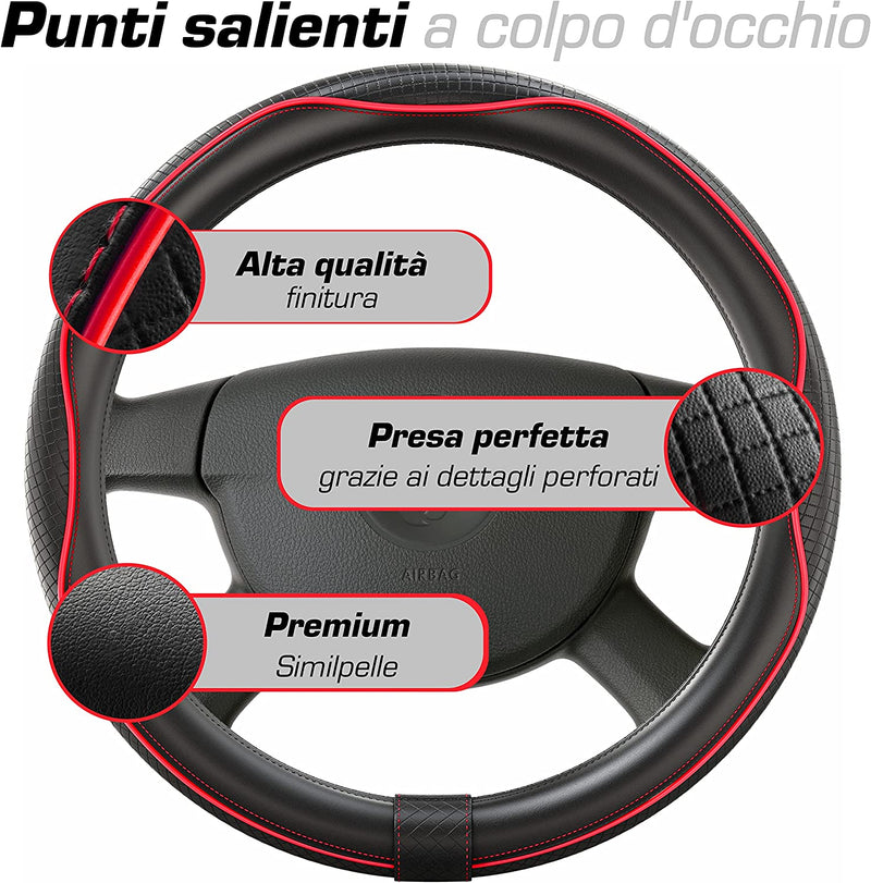 Coprivolante Auto Universale Nero Rosso in Finta Pelle | Copertura Di Volante Diametro 37-39 Cm | Accessori Auto Interno | Regali per Donna E Uomo