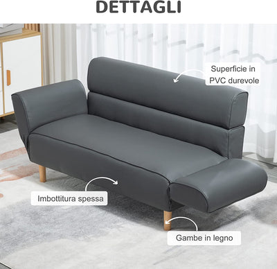 Divanetto 2 Posti Convertibile in Divano Letto Singolo Con Braccioli Regolabili, 164X71X75Cm, Grigio