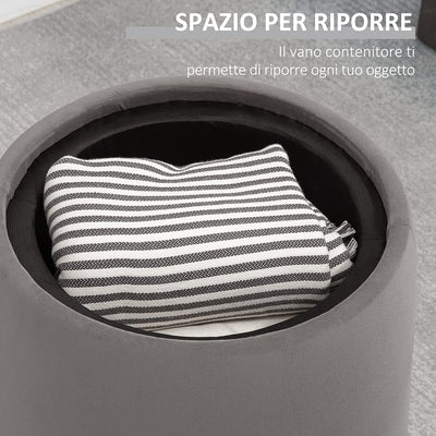 Pouf Poggiapiedi in Velluto Con Contenitore, Coperchio 2 in 1 Con Imbottitura E Lato in Legno, Tavolino Da Caffè Rotondo Ø44 X 47.5Cm, Grigio