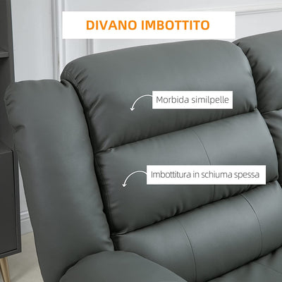 Divano 2 Posti Reclinabile Di 135° E Imbottito Con Schienale Diviso E Poggiapiedi Incluso, in Pelle PVC E Acciaio, 168X93X102 Cm, Grigio