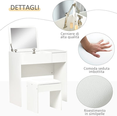 Mobile Da Trucco Con Specchio a Scomparsa E Sgabello, Tavolo Consolle Con Cassetto, 80X40X79 Cm, Bianco