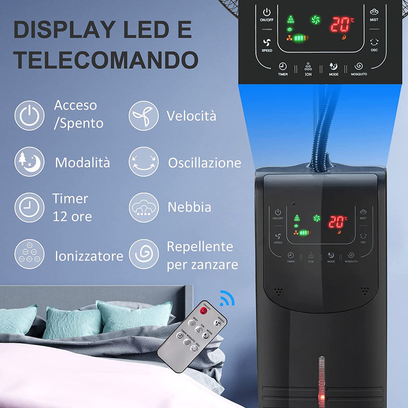 Ventilatore Nebulizzatore Con Telecomando Da 5M, Timer 12H E Oscillazione 70°, 3 Velocità, 3 Funzioni E Antizanzare, Tanica 3.1L, 90W, Ф44.5X135Cm Nero