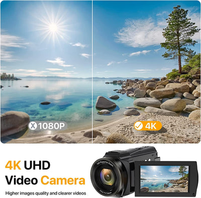 Videocamera 4K, 48MP Wifi Vlogging Camera, Videocamera Con IR Visione Notturna 16X Zoom Digitale Videocamera 3" Touchscreen Con Telecomando, Microfono, Stabilizzatore Portatile, Paraluce, 2 Batterie