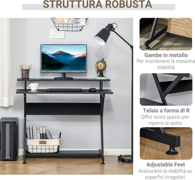 Tavolo Porta PC Salvaspazio Con Ripiano Monitor Rialzato, Scrivania per Computer Da Ufficio in Legno, 100X60X85.5Cm, Nero