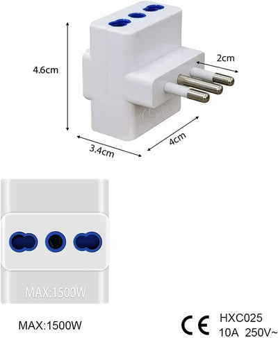 Set 3 Pezzi Adattatore Multipresa Tripla Con 3 Prese 10A 16A E Spina Italiana 10A