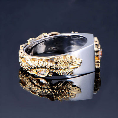 New Men'S Domineering Dragon Pattern Two-Color Zircon Rhinestone Ring Fashion Punk Hip Hop