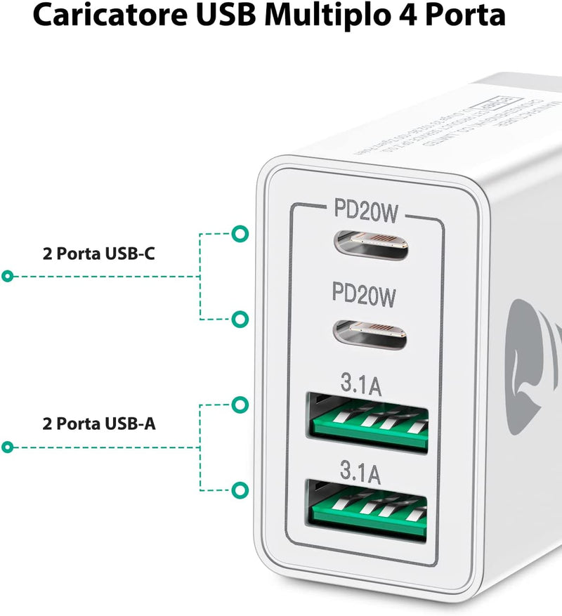 Caricatore Rapido USB C 40W 4Porto Presa Caricatore USB Multipla PD & QC3.0 Carica Cellulare, Alimentatore Caricabatterie Spina USB per Iphone 14 Pro Max Mini 13 12 11 X XR 8 7 6 5 SE, Ipad,Samsung