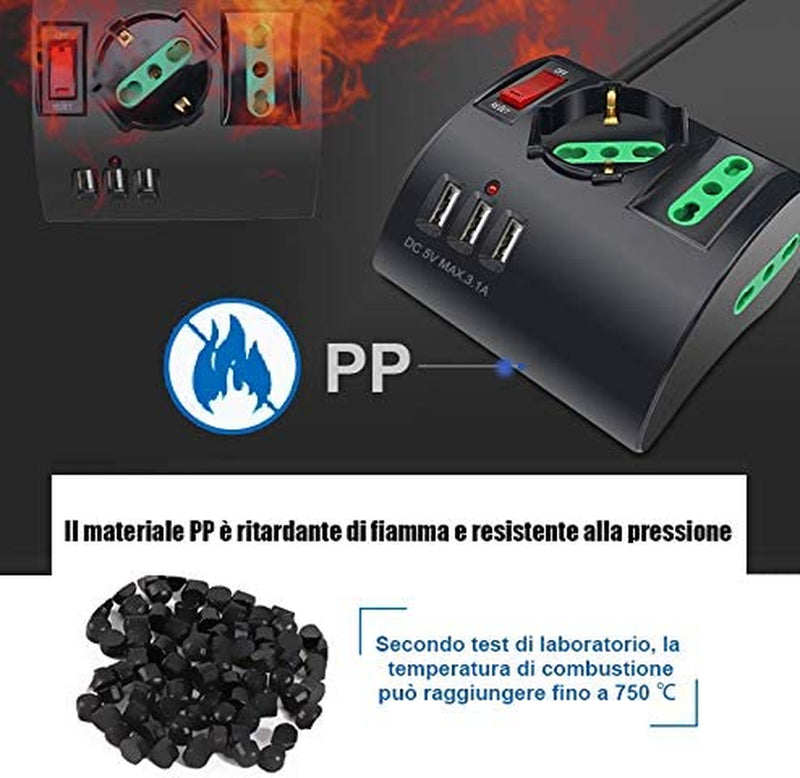 Multipresa Da Scrivania/Tavolo Con 3 Presa Usb,Presa Con Interruttore Automatico Di Protezione 10A,Nero,2500W,3 Prese (2 Ita/Schuko),1.5M