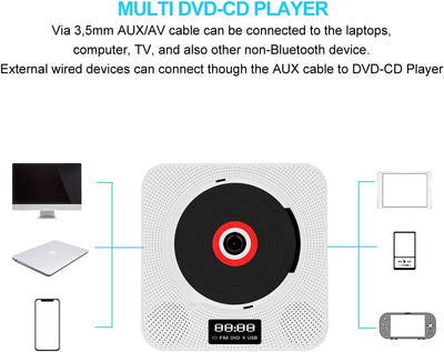 Lettore DVD Bluetooth Lettore CD Parete Bambini MP3 Lettore DVD/CD Radio Con Display a LED, Funzione Timing, Telecomando, HDMI, Presa Di Alimentazione USB, Jack per Cuffie Da 3,5 Mm, Bianco