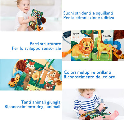 Libri Di Stoffa per Neonati 0 3 6 Mesi, Libro Sensoriali Con 10 Code Della Giungla, Giochi Da Passeggino Libro Interattivo per Tummy Time