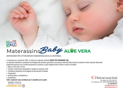 MATERASSO 120X60, MATERASSINO per LETTINO BABY ALOE VERA CM. 120 X 60 Alto 10 Cm MADE in ITALY